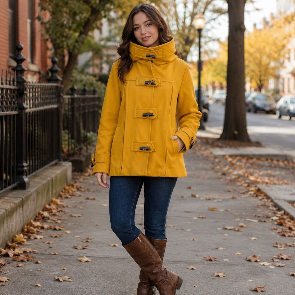 Guess Mustard Yellow Wool Toggle Hooded Jacket Coat L Y2K Mod Chic